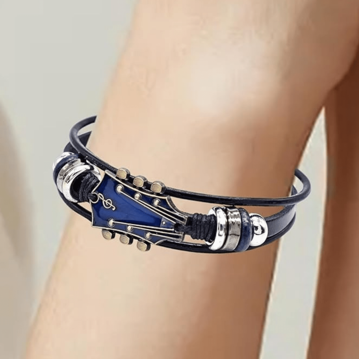 Leather Bracelet with Guitar-Inspired Design