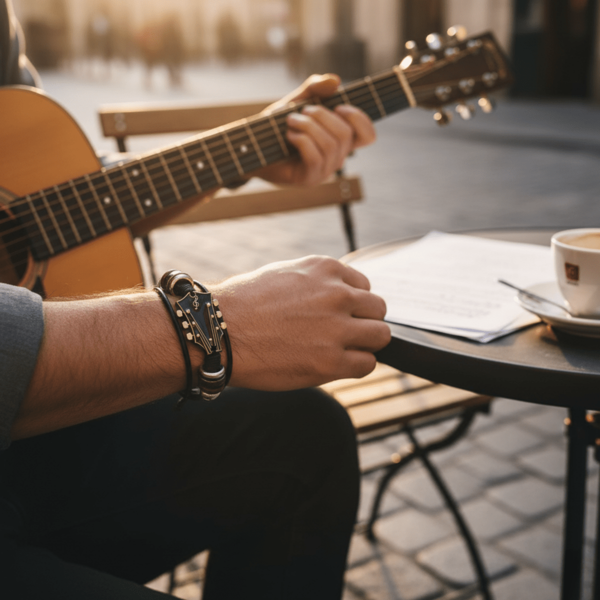 Leather Bracelet with Guitar-Inspired Design