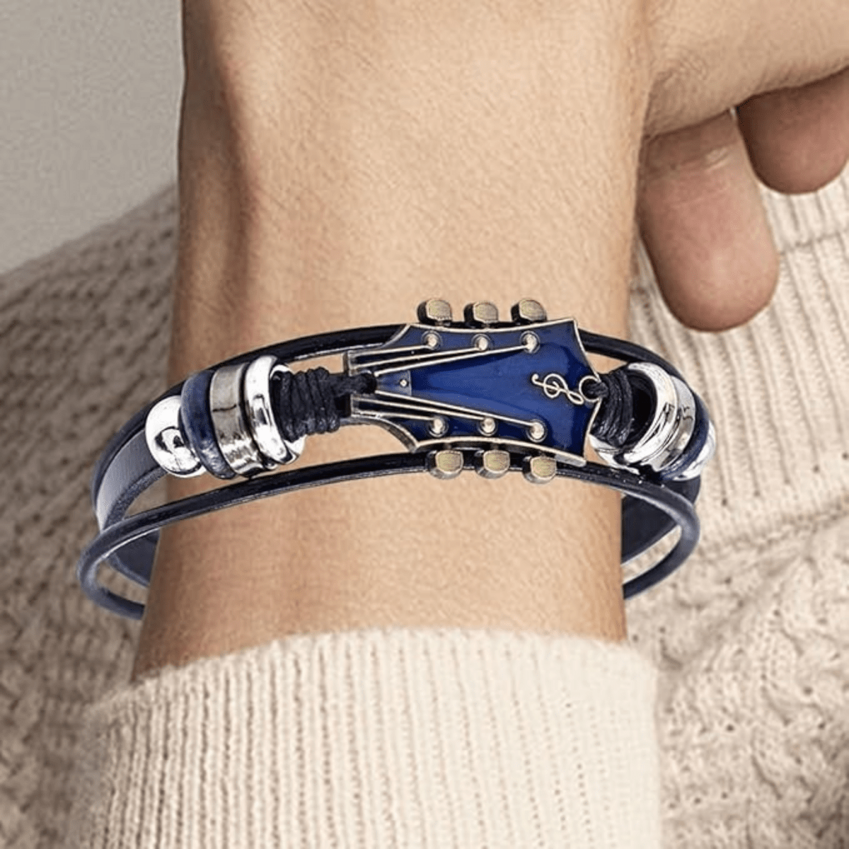 Leather Bracelet with Guitar-Inspired Design