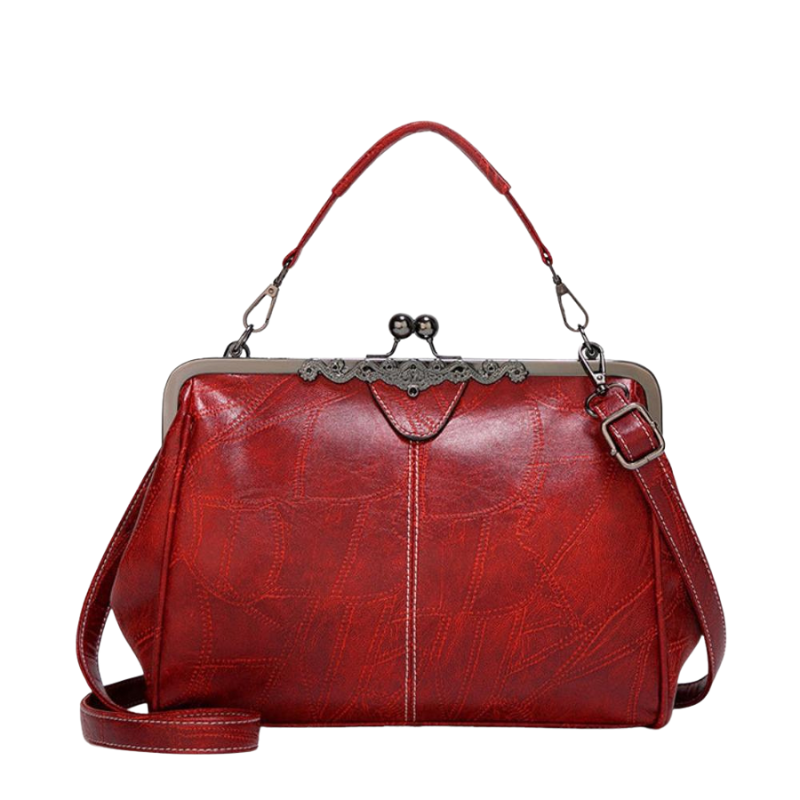 Leather Handbag with Kiss Lock Closure and Clip Handle
