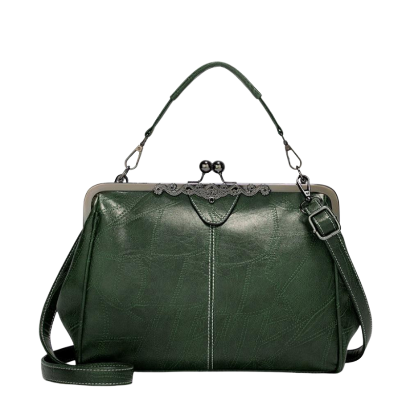 Leather Handbag with Kiss Lock Closure and Clip Handle