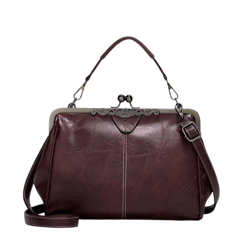 Leather Handbag with Kiss Lock Closure and Clip Handle