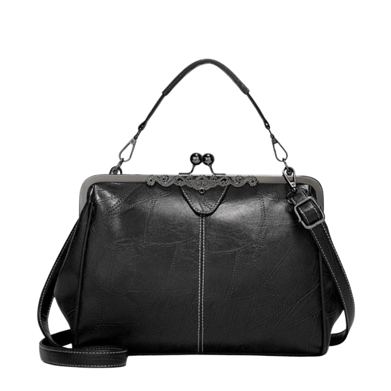 Leather Handbag with Kiss Lock Closure and Clip Handle