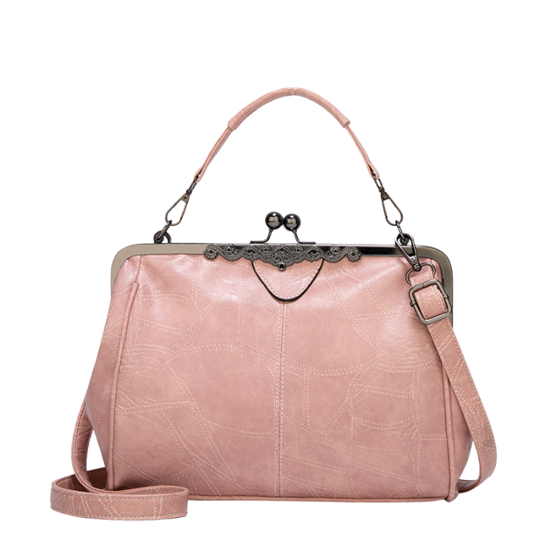 Leather Handbag with Kiss Lock Closure and Clip Handle
