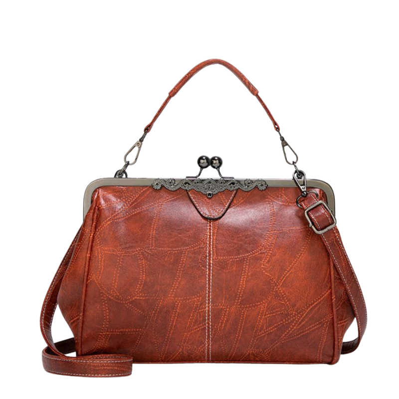 Leather Handbag with Kiss Lock Closure and Clip Handle
