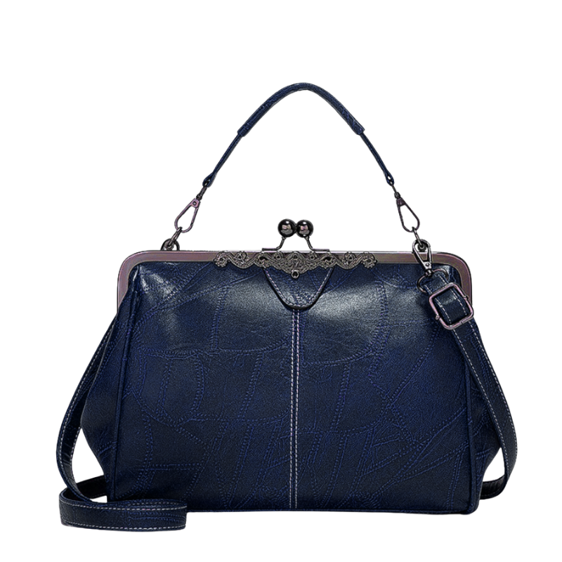Leather Handbag with Kiss Lock Closure and Clip Handle