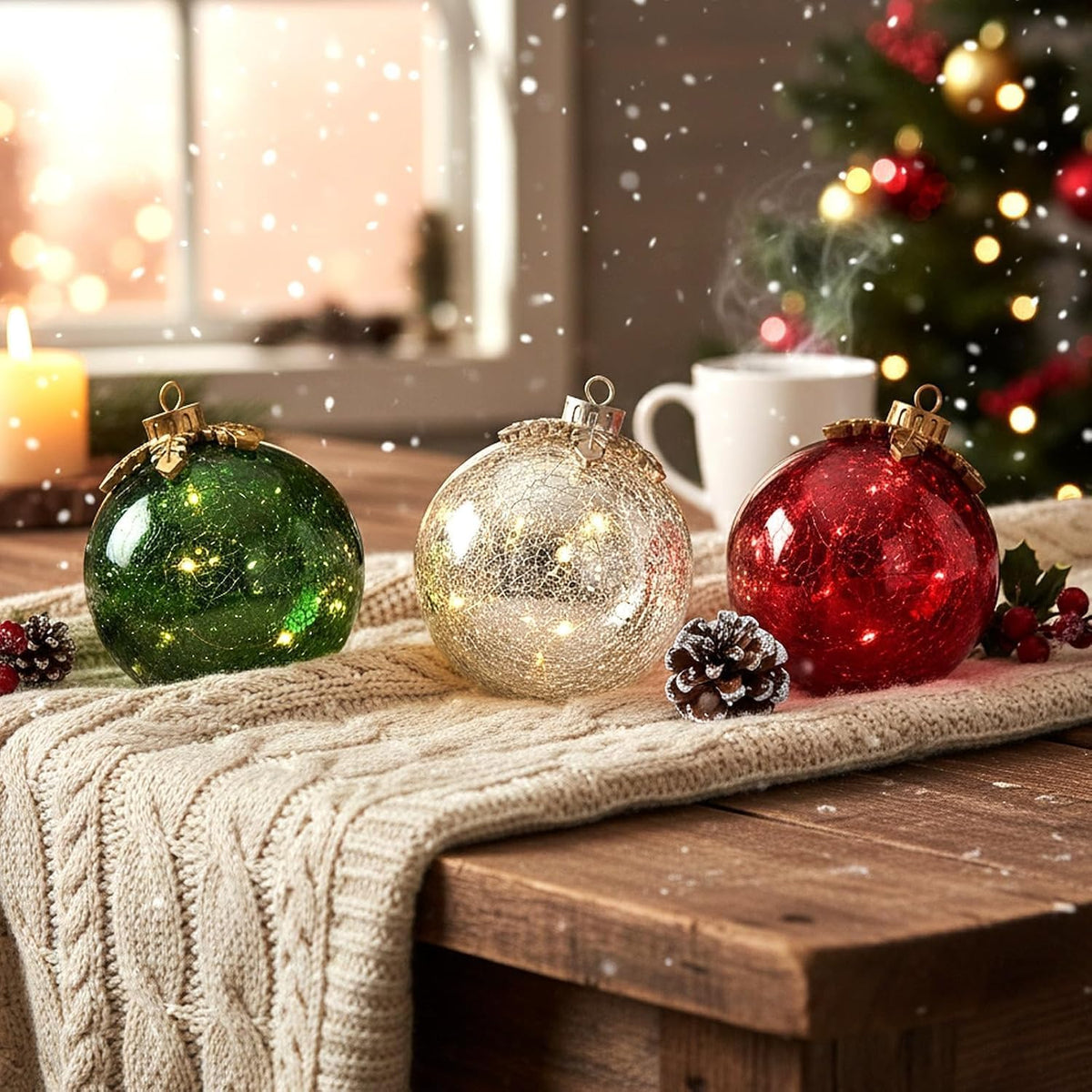 LED Crackle Glass Christmas Baubles – Illuminated Tree Ornaments for Christmas Decoration