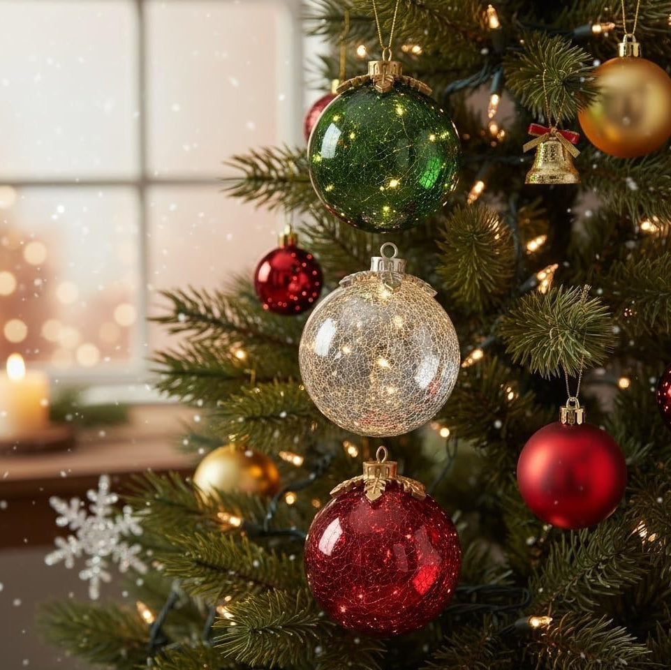 LED Crackle Glass Christmas Baubles – Illuminated Tree Ornaments for Christmas Decoration