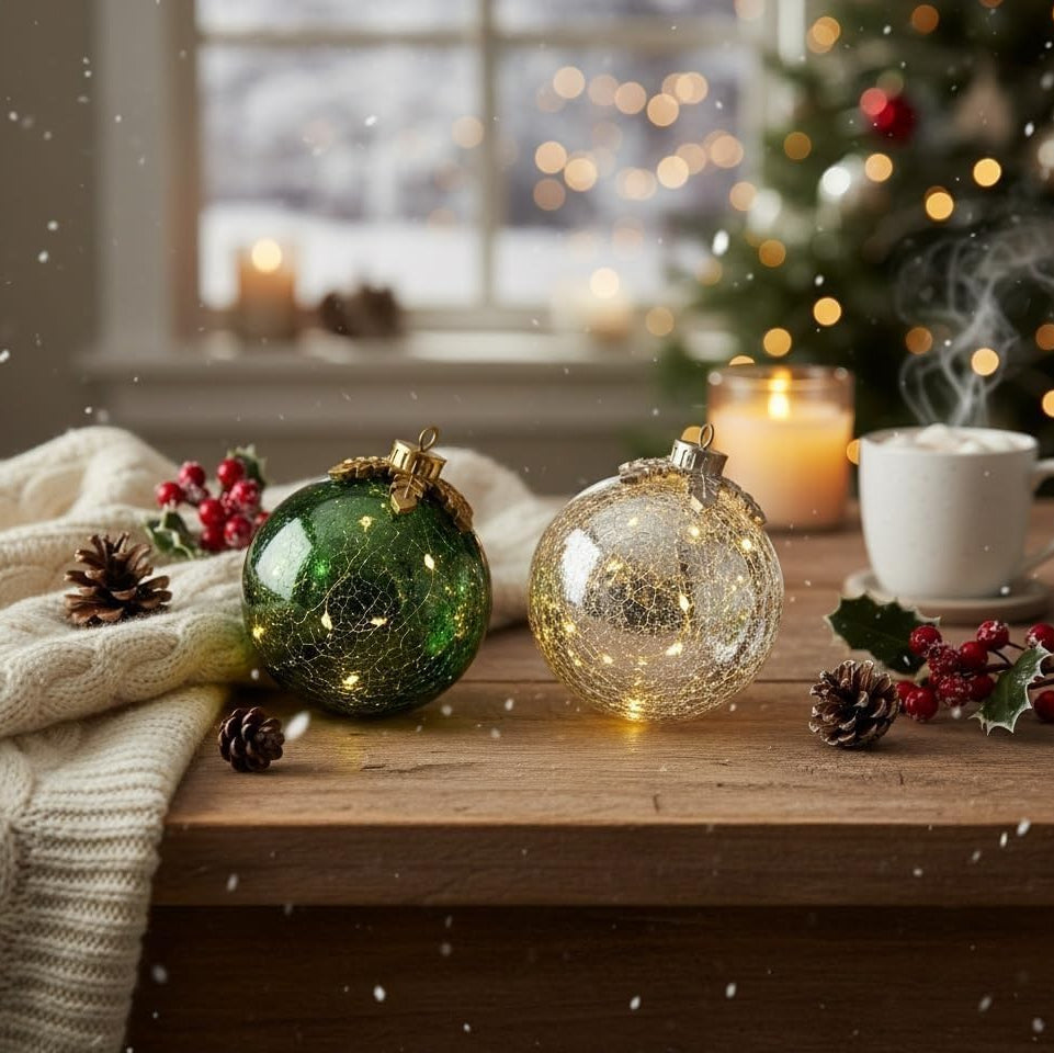 LED Crackle Glass Christmas Baubles – Illuminated Tree Ornaments for Christmas Decoration