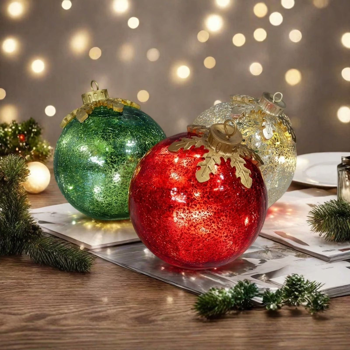 LED Crackle Glass Christmas Baubles – Illuminated Tree Ornaments for Christmas Decoration