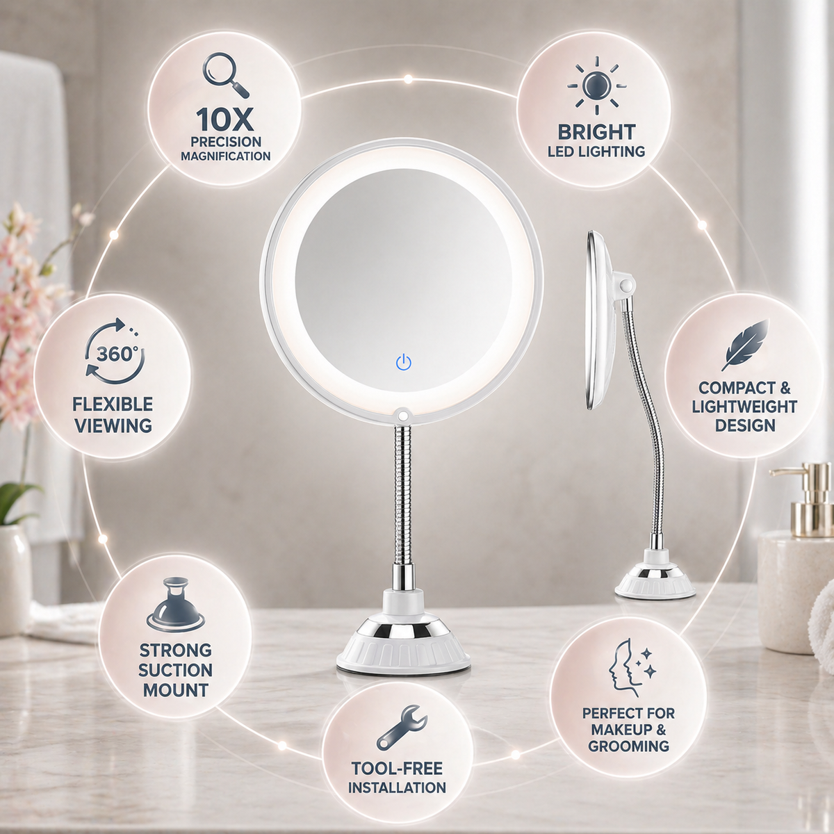 LED Lighted Magnifying Bathroom Mirror with Flexible Arm
