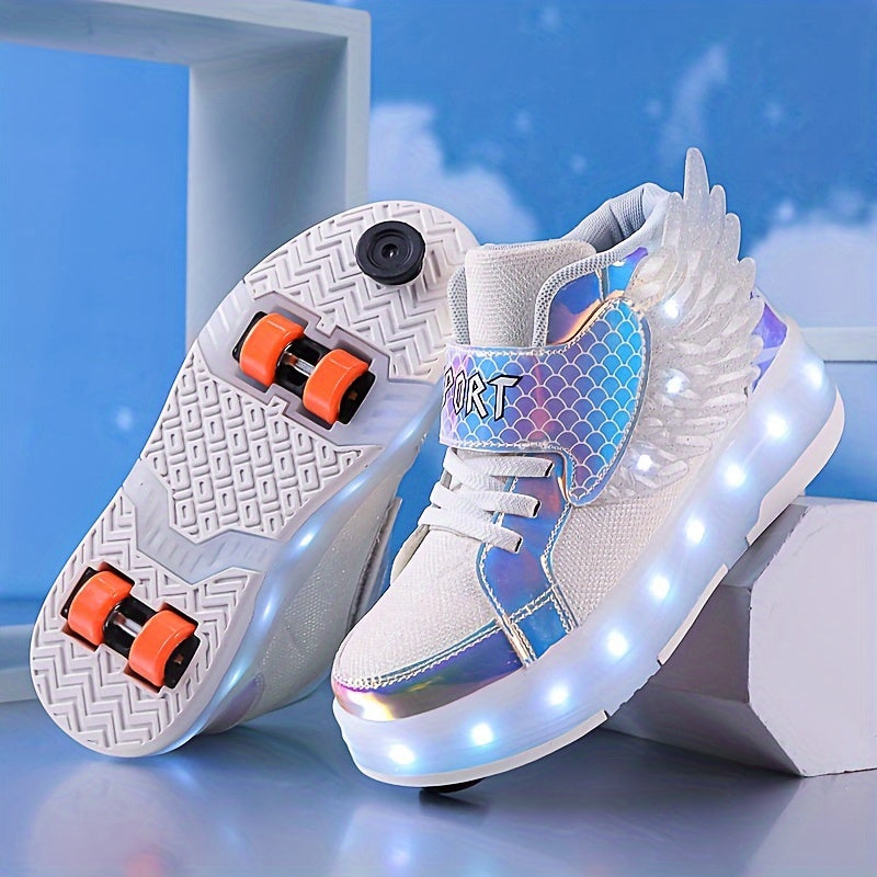 Light-Up Roller Skate Sneakers with Wings – USB Rechargeable for Girls and Teens