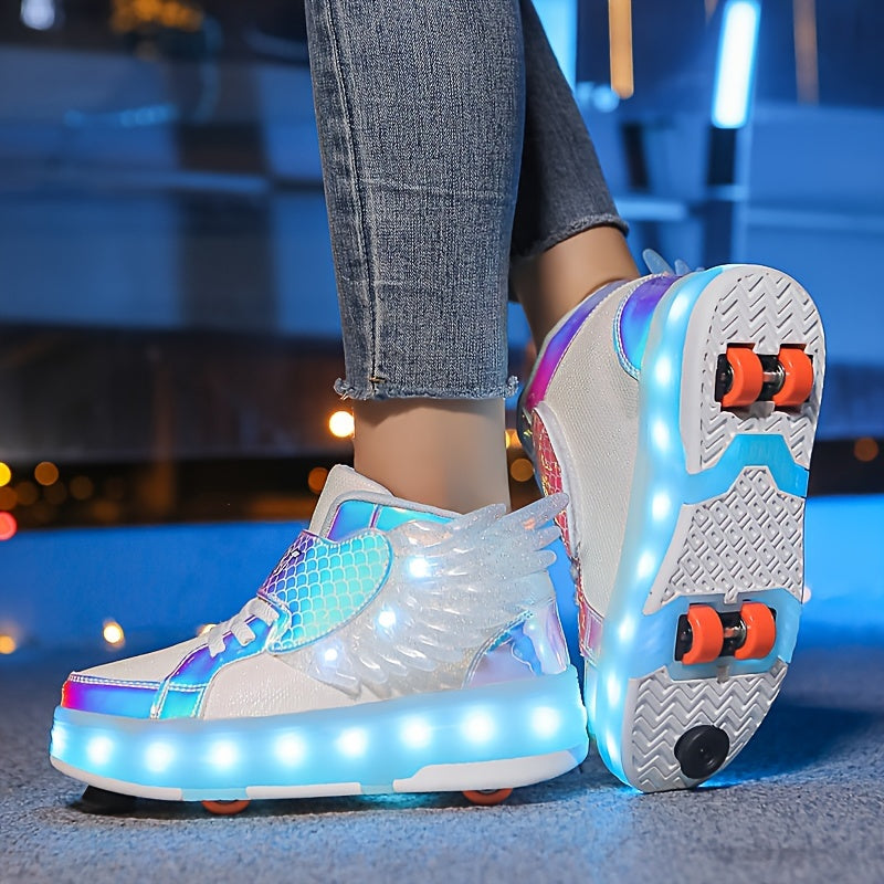 Light-Up Roller Skate Sneakers with Wings – USB Rechargeable for Girls and Teens