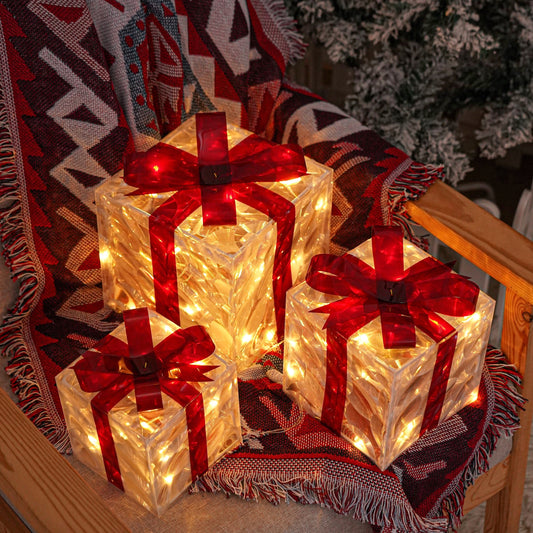 Lighted Christmas Gift Boxes, Set of 3 – Warm White LED Indoor and Outdoor Christmas Decoration