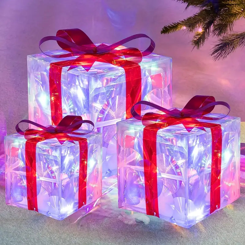 Lighted Christmas Gift Boxes, Set of 3 – Warm White LED Indoor and Outdoor Christmas Decoration