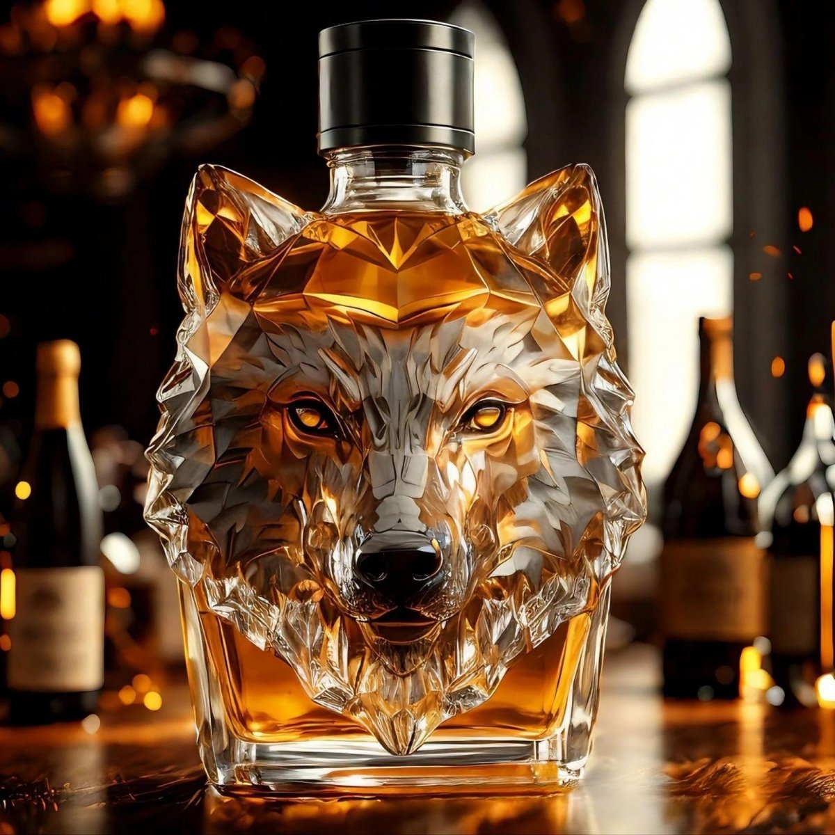 Luxury Crystal Whiskey Decanter with Faceted Wolf Design