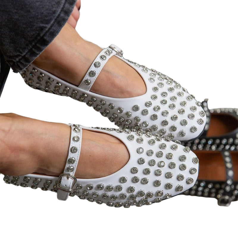 Mary Jane Ballet Flats with Polished Strap and Decorative Studs