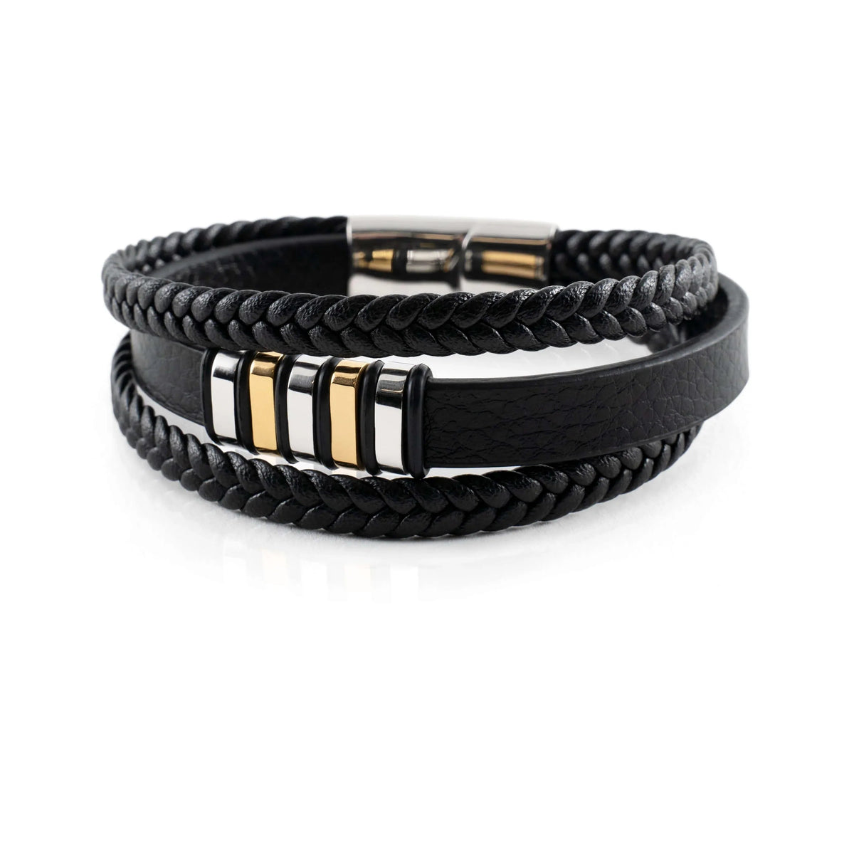 Men's Braided Leather Bracelet with Metal Accents