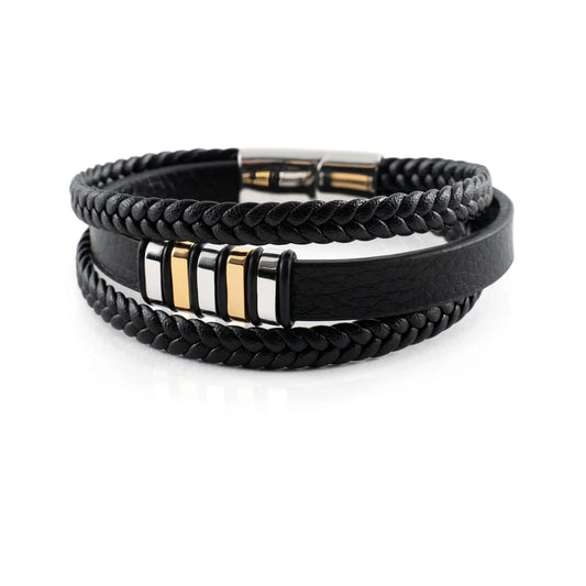 Men's Braided Leather Bracelet with Metal Accents
