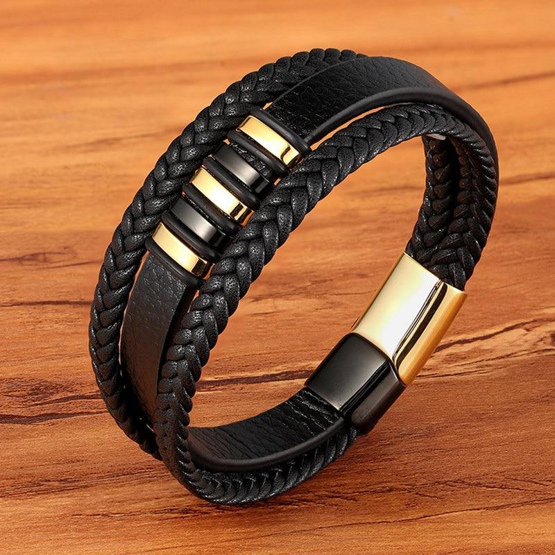 Men's Braided Leather Bracelet with Metal Accents