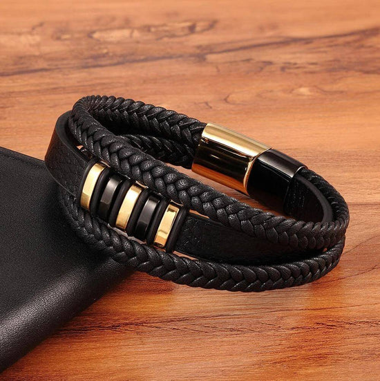 Men's Braided Leather Bracelet with Metal Accents