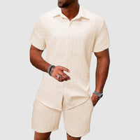 Men's Button-Through Shirt and Shorts Set - Short Sleeve with Collar
