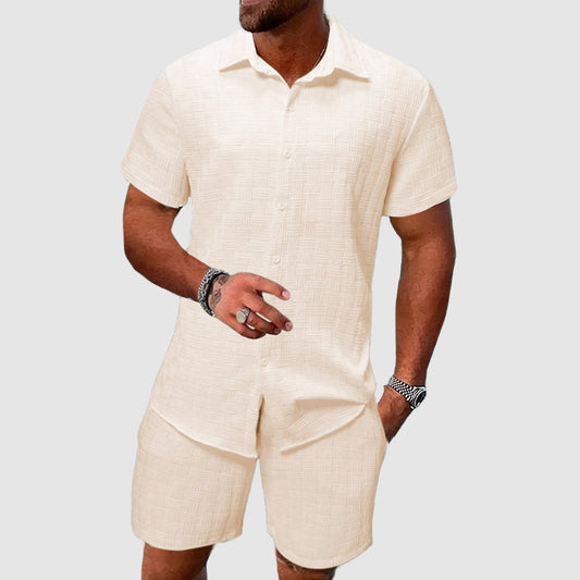 Men's Button-Through Shirt and Shorts Set - Short Sleeve with Collar