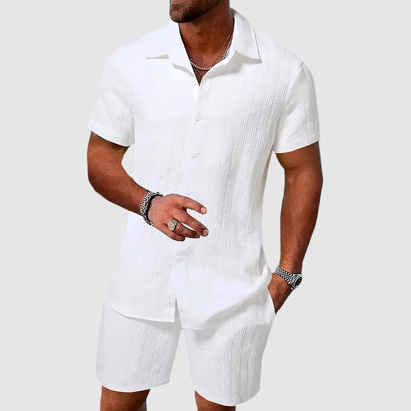 Men's Button-Through Shirt and Shorts Set - Short Sleeve with Collar