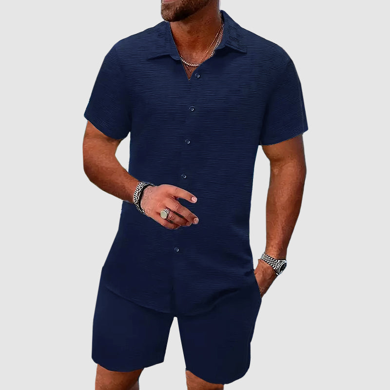 Men's Button-Through Shirt and Shorts Set - Short Sleeve with Collar