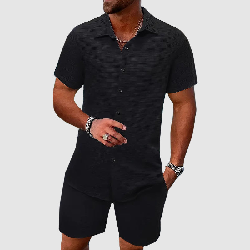 Men's Button-Through Shirt and Shorts Set - Short Sleeve with Collar