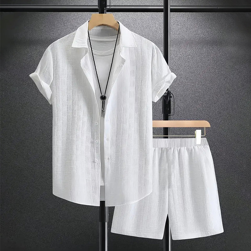Men's Button-Through Shirt and Shorts Set - Short Sleeve with Collar