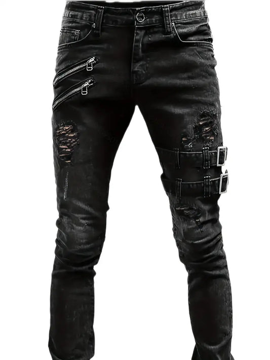 Men's Casual Biker Jeans in Denim with Quilted Details