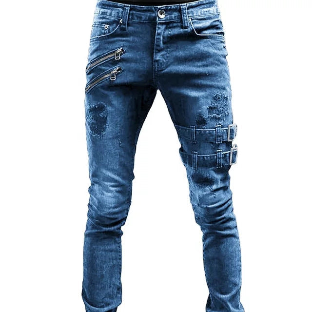 Men's Casual Biker Jeans in Denim with Quilted Details