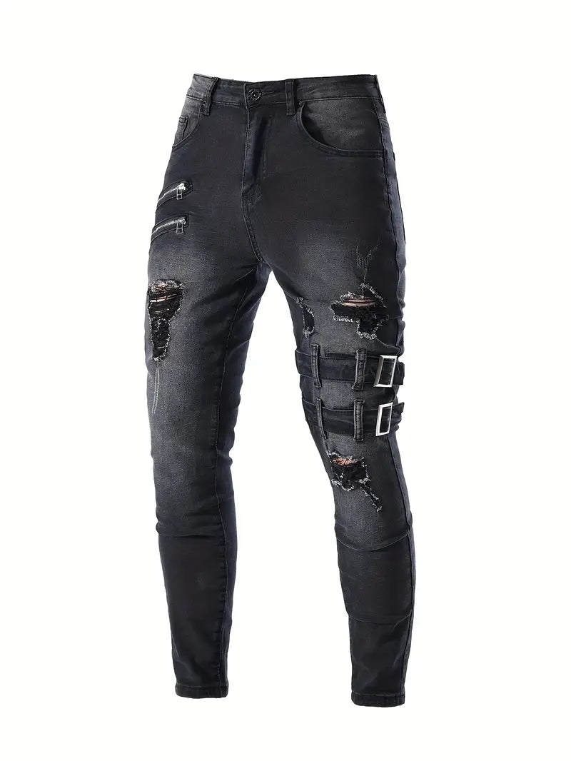 Men's Casual Biker Jeans in Denim with Quilted Details