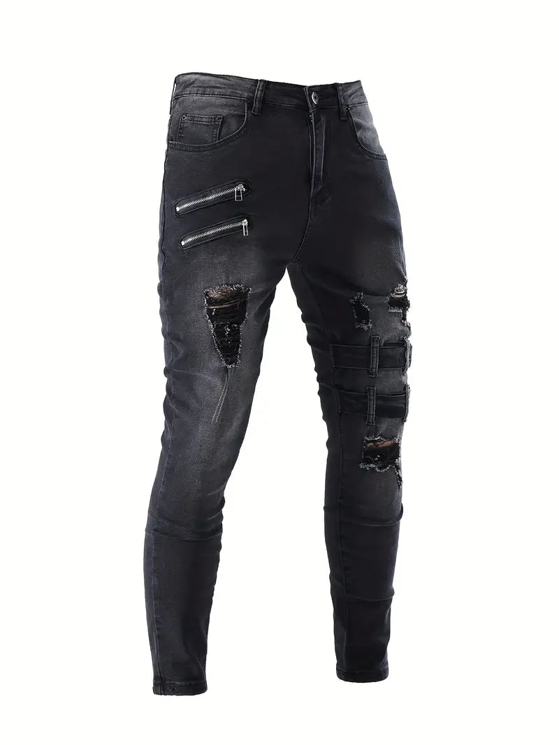 Men's Casual Biker Jeans in Denim with Quilted Details