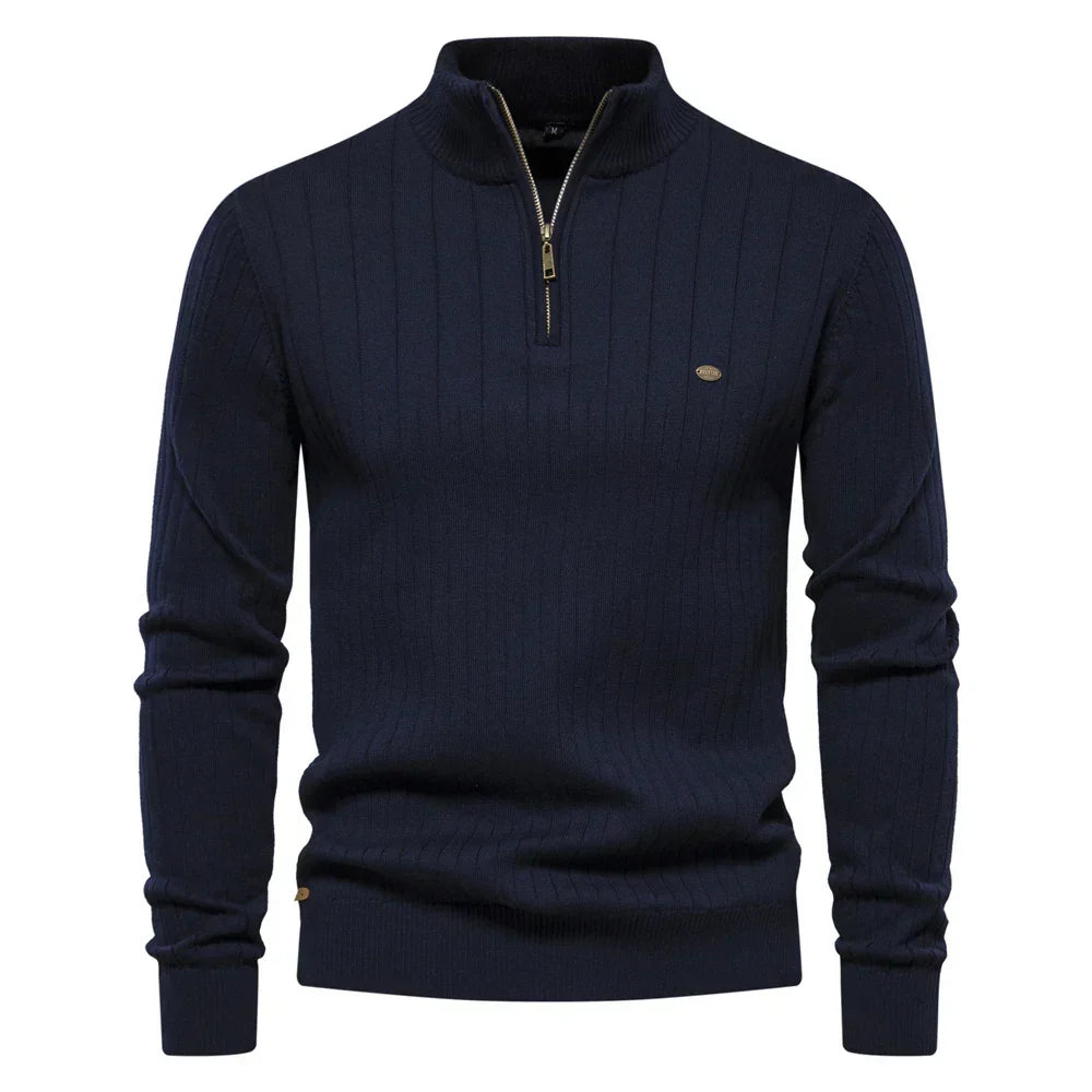 Men's Cotton Quarter-Zip Stand-Collar Sweater