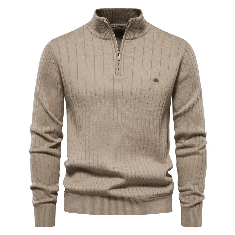 Men's Cotton Quarter-Zip Stand-Collar Sweater
