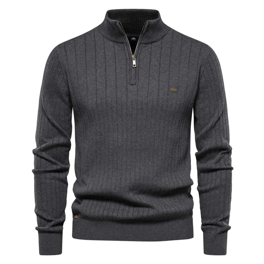 Men's Cotton Quarter-Zip Stand-Collar Sweater