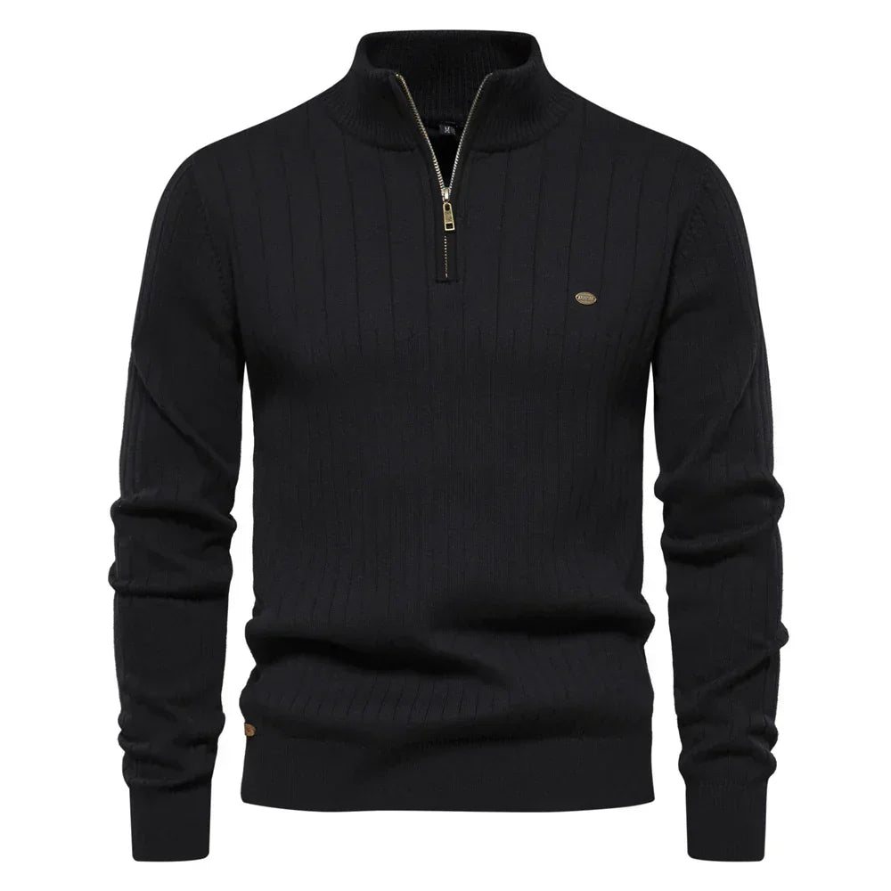 Men's Cotton Quarter-Zip Stand-Collar Sweater
