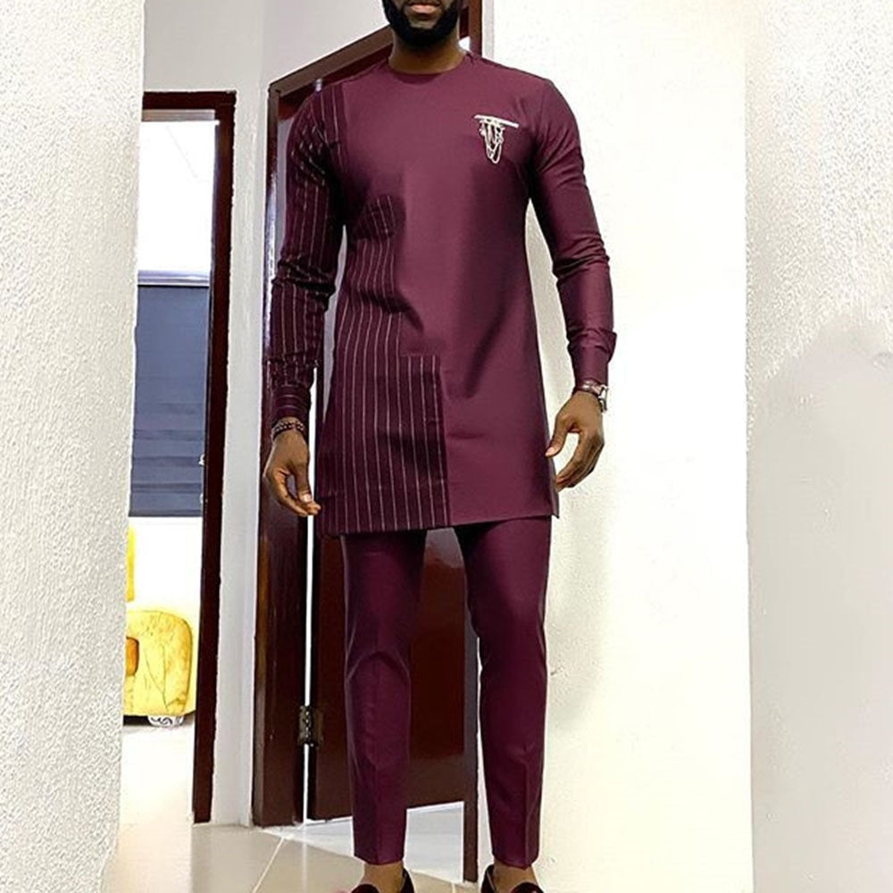 Men's Dashiki Set: Traditional Long-Sleeve Top and Slim Fit Trousers