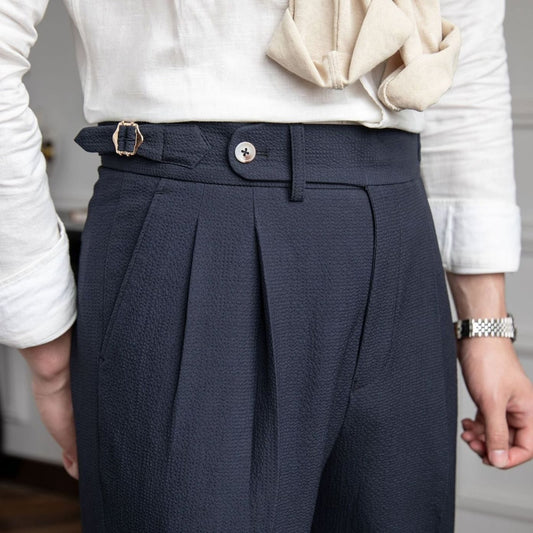 Men's High-Waisted Tailored Pleated Trousers with Buckled Waistband