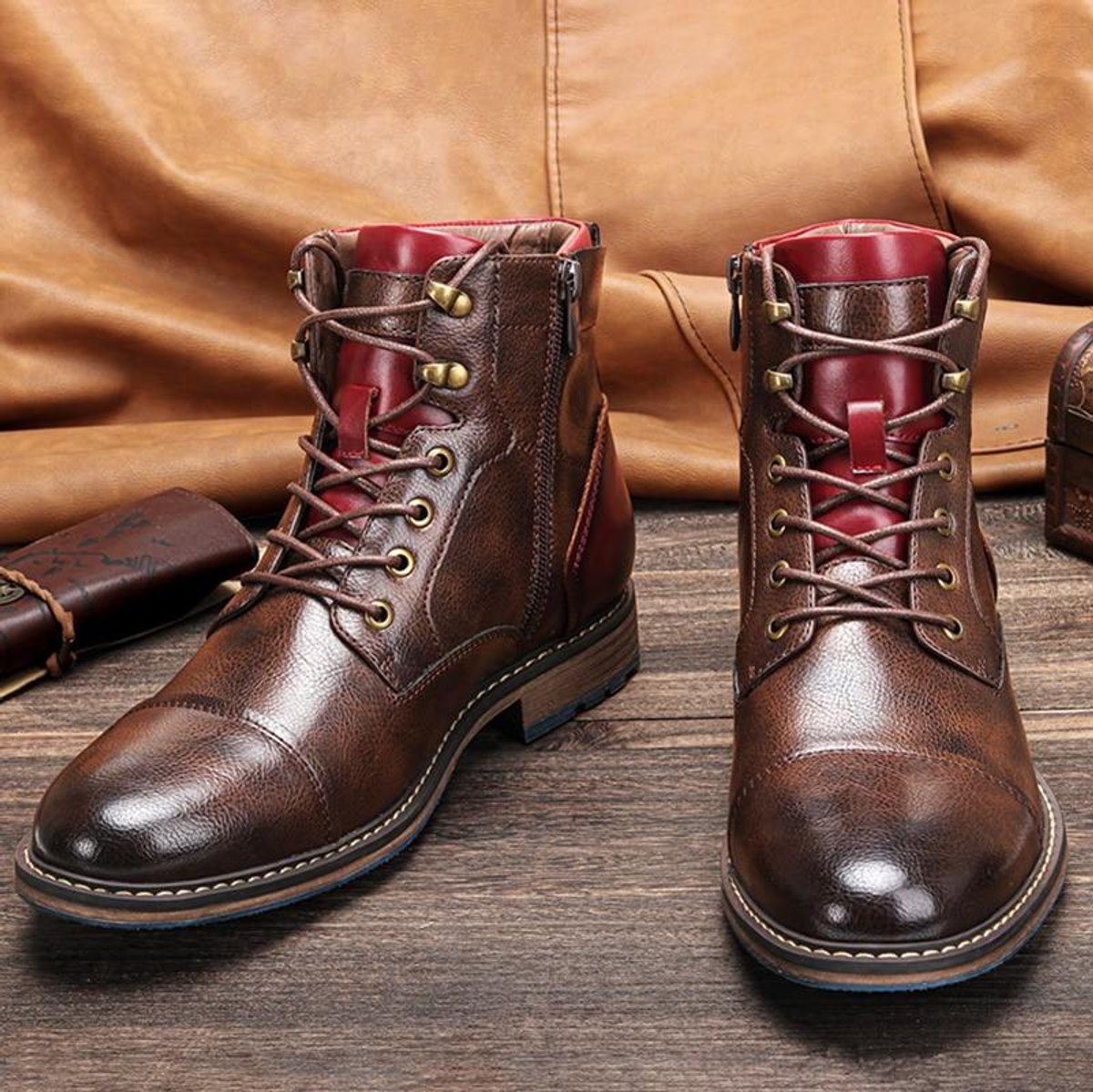 Men's Lace-Up Ankle Oxford Boots with Side Zipper – Brown Leather, Modern Design