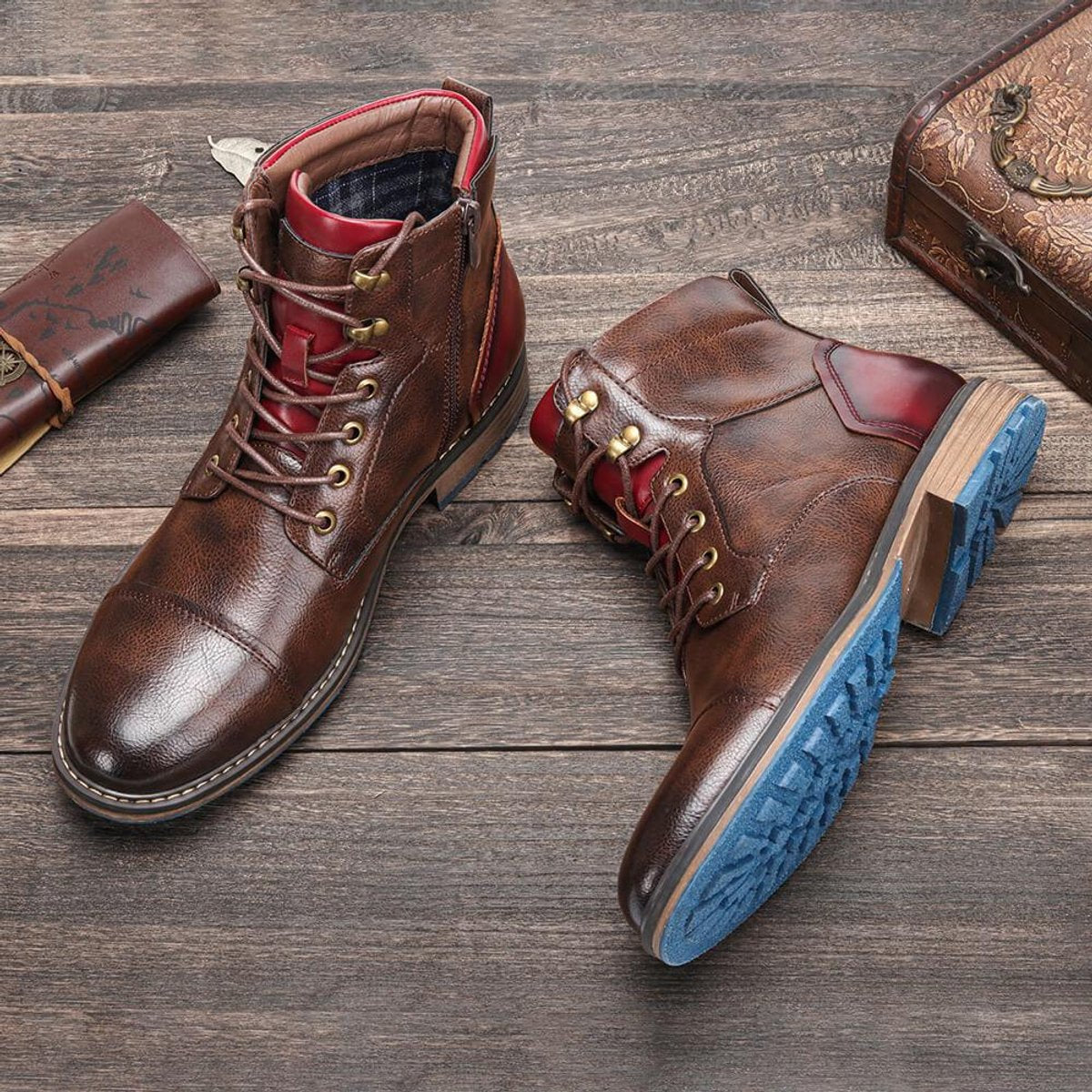 Men's Lace-Up Ankle Oxford Boots with Side Zipper – Brown Leather, Modern Design