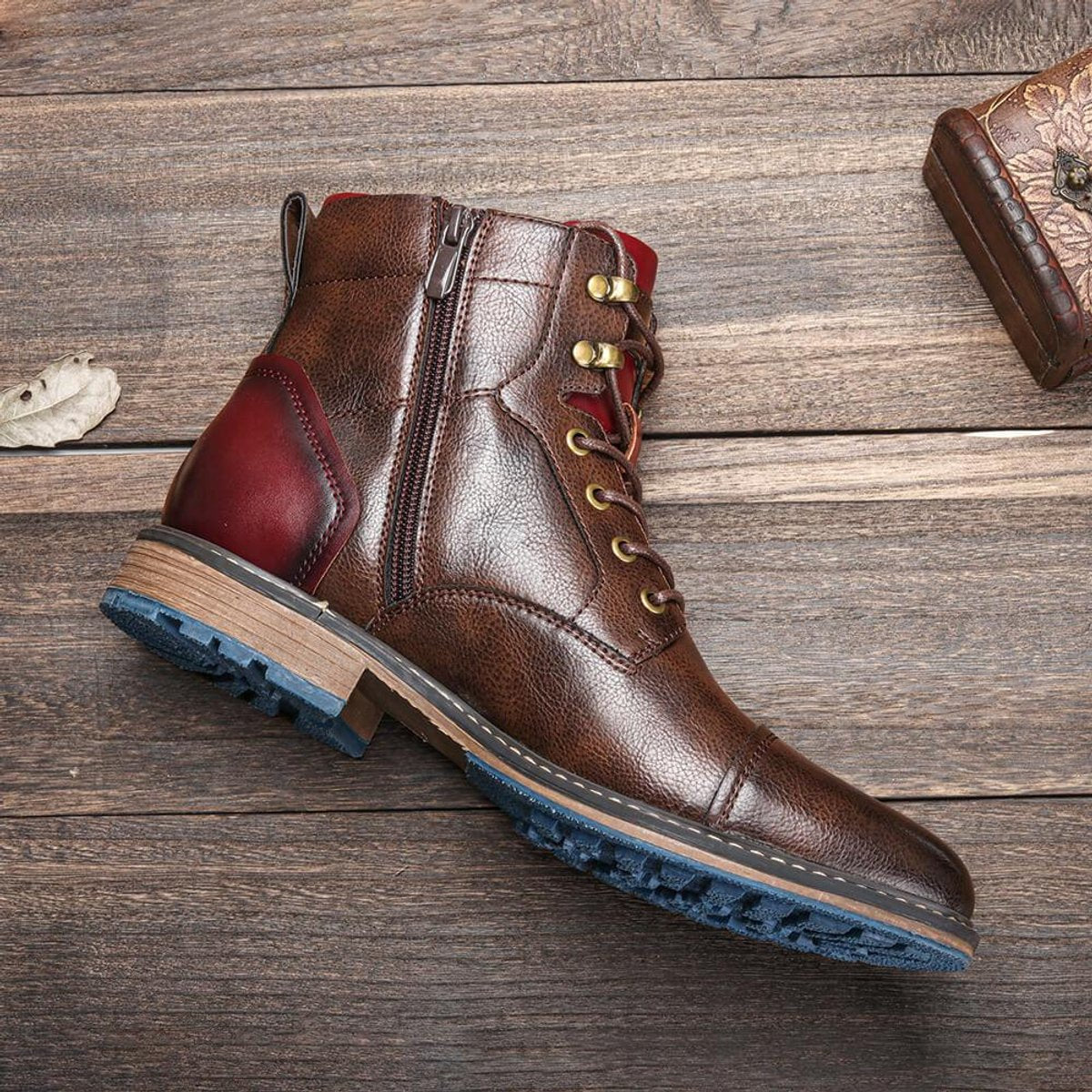 Men's Lace-Up Ankle Oxford Boots with Side Zipper – Brown Leather, Modern Design