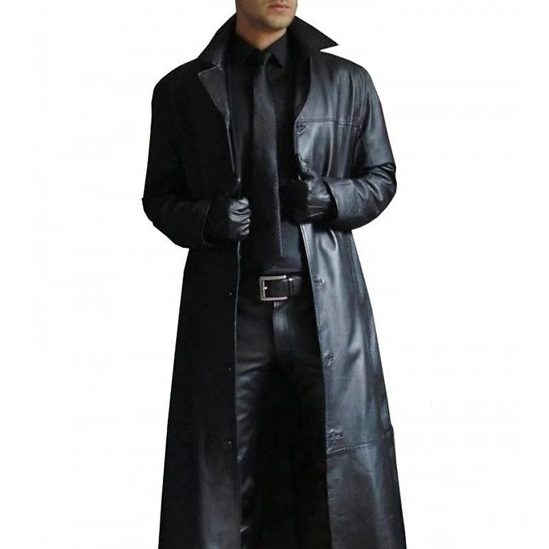 Men's Long Faux Leather Winter Coat