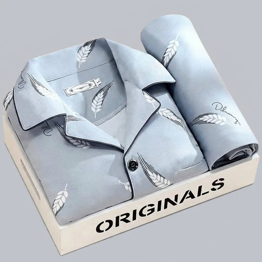Men's Pajama Set with Button-Down Shirt and Plaid Pants