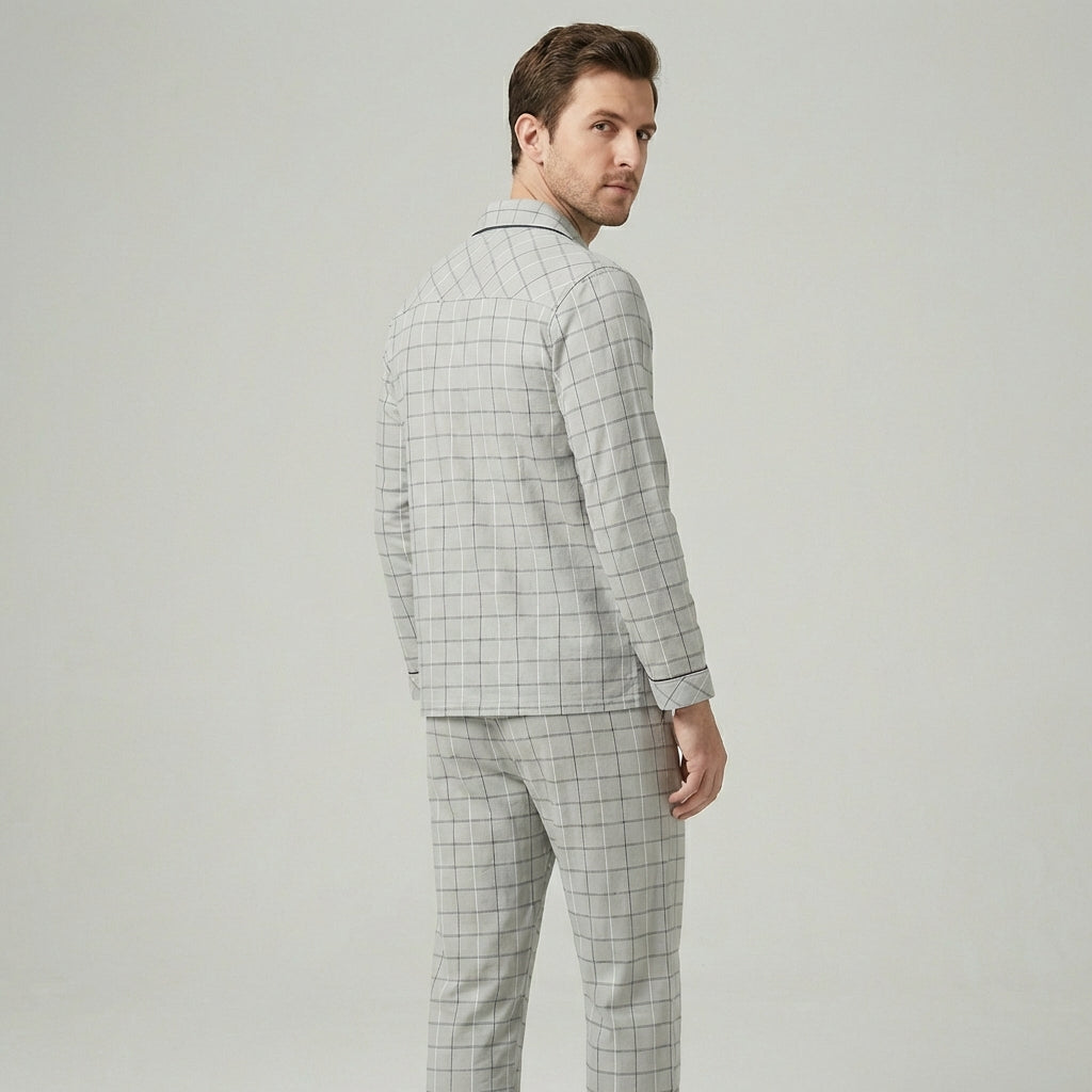 Men's Pajama Set with Button-Down Shirt and Plaid Pants