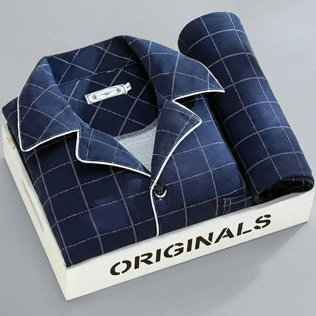 Men's Pajama Set with Button-Down Shirt and Plaid Pants