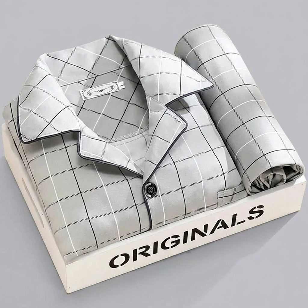 Men's Pajama Set with Button-Down Shirt and Plaid Pants