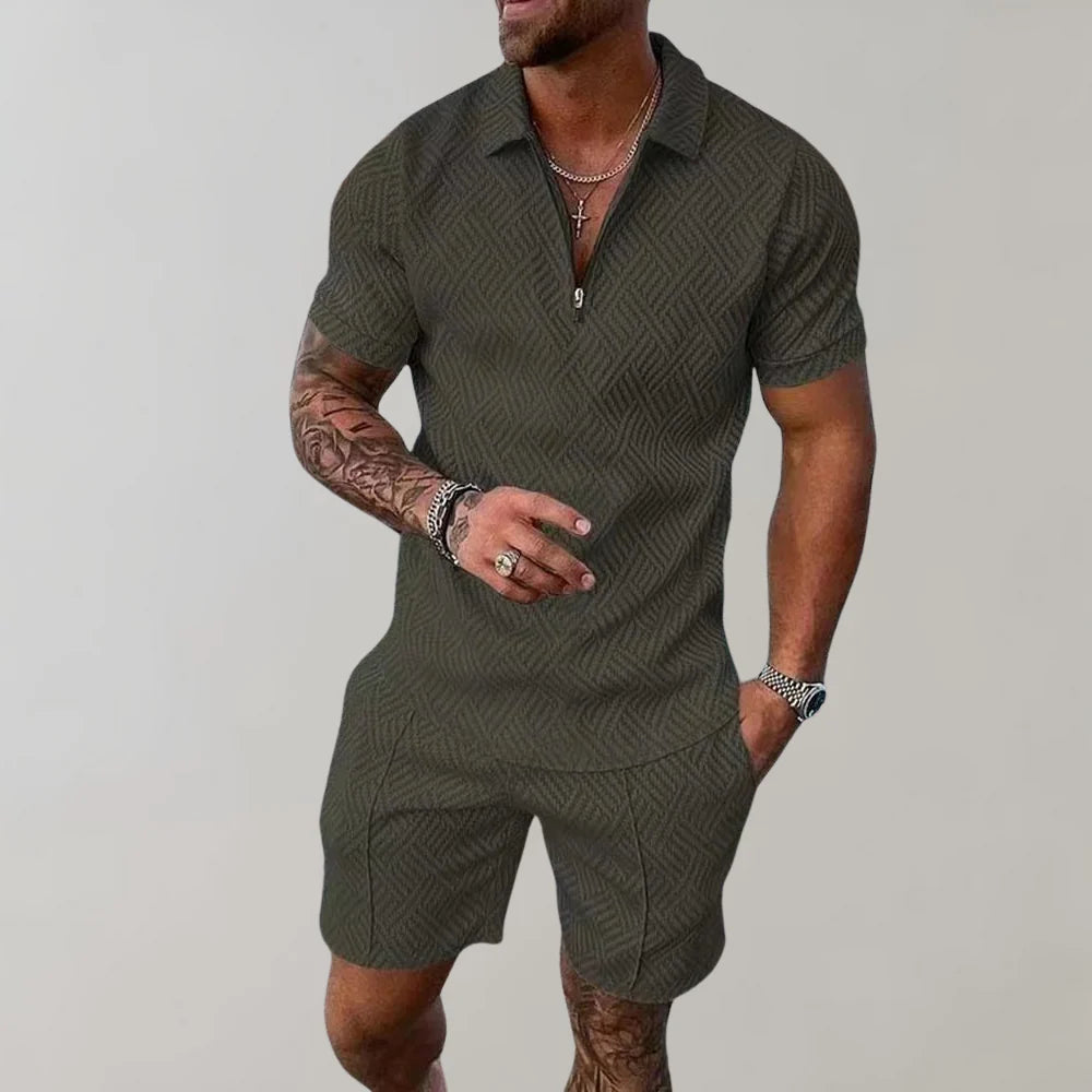 Men's Relaxed Textured Zip Polo Shirt & Shorts Set